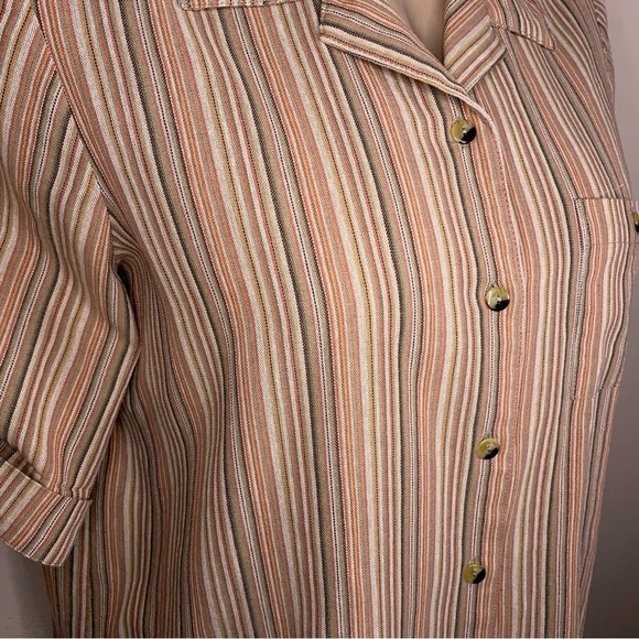 Vintage Large Blair Orange Striped Button Up Top Cuffed Short Sleeve Stretch - Picture 7 of 16